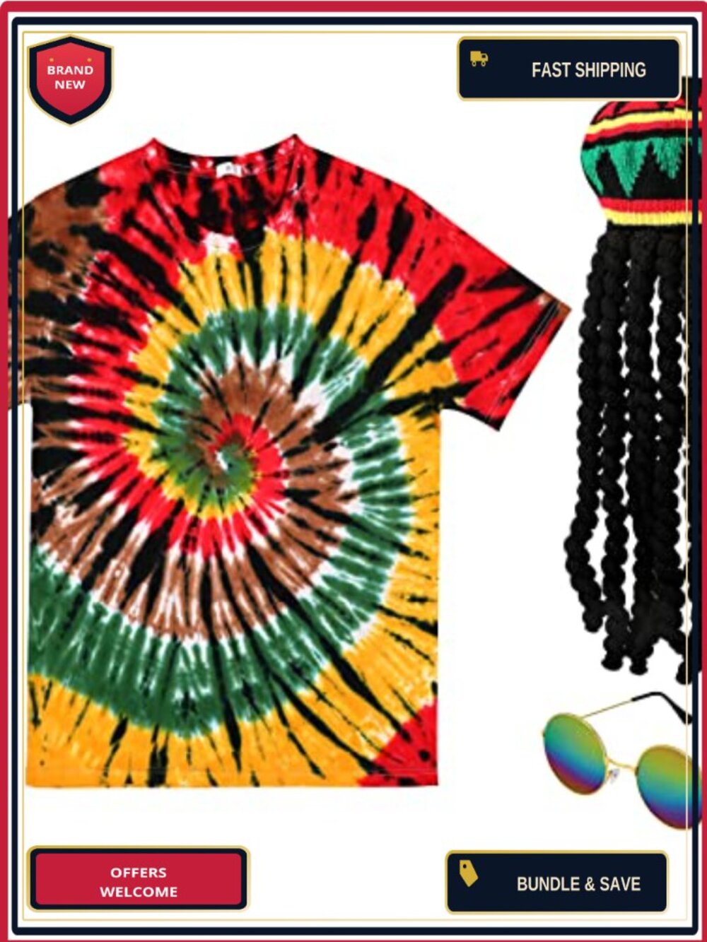 Rasta Reggae Costume 3 Piece Set Tie Dye Shirt Hat Dreadlocks Sunglasses
